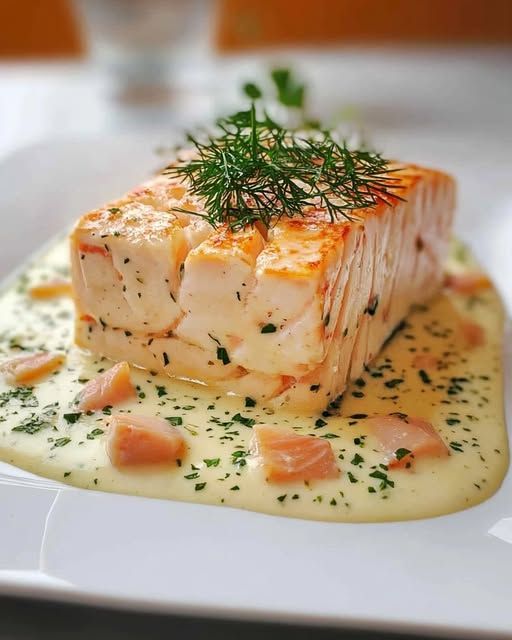 Pavé de Saumon et Crevettes Citronnées à la Crème d'Aneth, Œufs de Lump